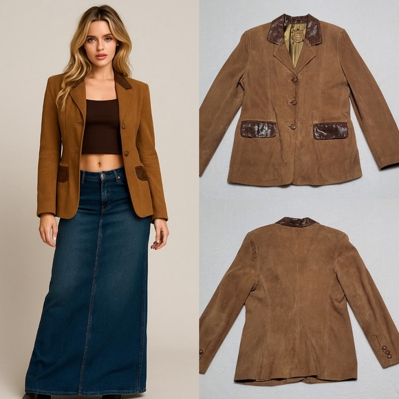 Echt Leder Vintage 90s Rust Brown Lamb Suede Leather Crocodile Trim Jacket M - Picture 1 of 13